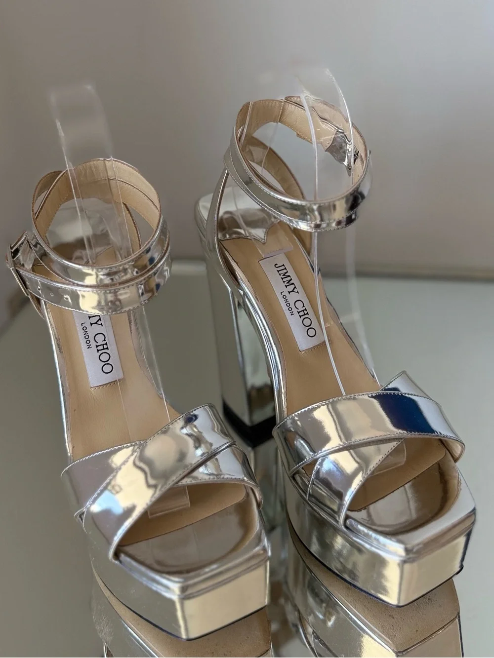 Jimmy Choo Gaia 140 Silver Liquid Metal Leather Platform Sandals 37.5